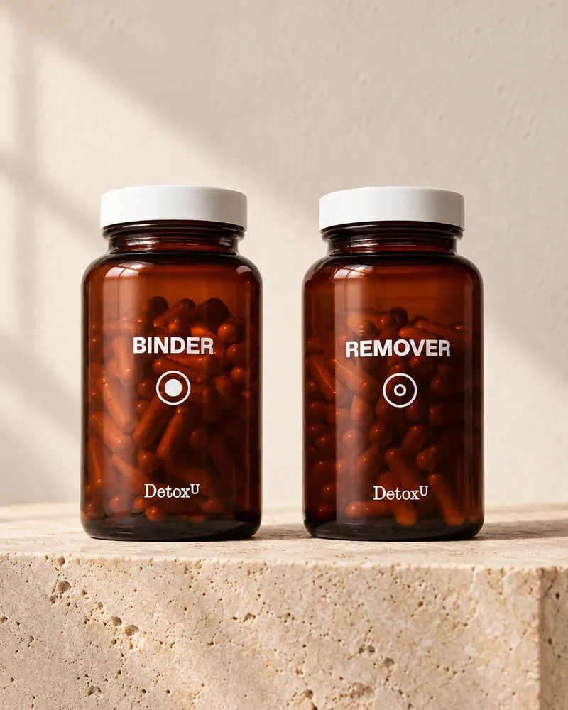 General Detox: Binder and Remover bottles on a stone plinth
