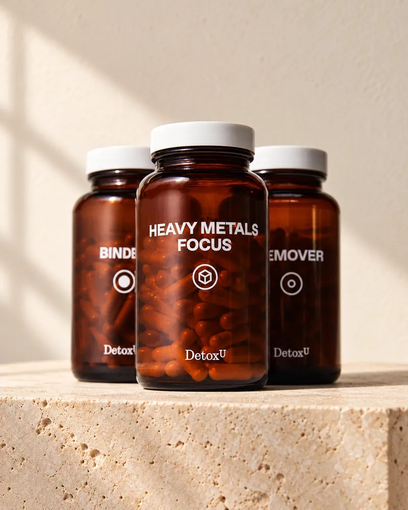 Heavy Metals Focus protocol: Binder, Heavy Metals Focus and Remover bottles on a stone plinth